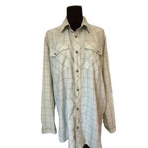 Orvis Trout Bum Mens Large Light Green Plaid Snap Button Shirt Fishing